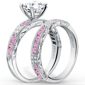 Kirk Kara White Gold "Charlotte" Pink Sapphire Diamond Engagement Ring Set Angled Side View