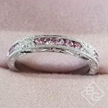 Load image into Gallery viewer, Kirk Kara White Gold &quot;Charlotte&quot; Pink Sapphire Round Cut Diamond Wedding Band Top View In Box
