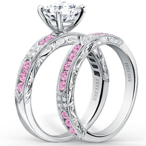 Kirk Kara White Gold "Charlotte" Pink Sapphire Round Cut Diamond Engagement Ring Set Angled Side View