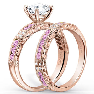 Kirk Kara Rose Gold "Charlotte" Pink Sapphire Round Cut Diamond Wedding Band Angled Side View