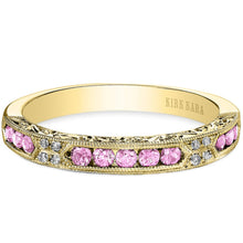 Load image into Gallery viewer, Kirk Kara Yellow Gold &quot;Charlotte&quot; Pink Sapphire Round Cut Diamond Wedding Band Front View
