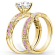 Load image into Gallery viewer, Kirk Kara Yellow Gold &quot;Charlotte&quot; Pink Sapphire Round Cut Diamond Engagement Ring Set Angled Side View
