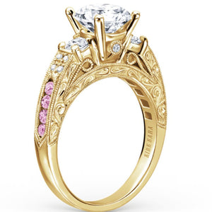 Kirk Kara Yellow Gold "Charlotte" Pink Sapphire Three Stone Diamond Engagement Ring Angled Side View