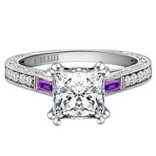 Load image into Gallery viewer, Kirk Kara White Gold &quot;Charlotte&quot; Purple Amethyst Baguette Cut Side Engagement Ring Front View

