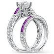 Load image into Gallery viewer, Kirk Kara White Gold &quot;Charlotte&quot; Purple Amethyst Baguette Cut Side Engagement Ring Set Angled Side View 

