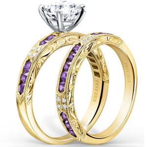 Kirk Kara Yellow Gold "Charlotte" Emerald Cut Amethyst & Diamond Engagement Ring Set Angled Side View 