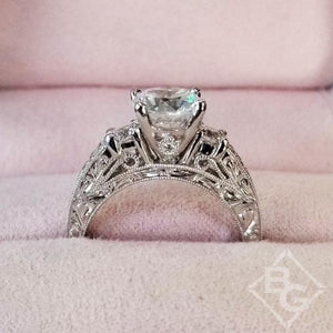 Kirk Kara White Gold "Charlotte" Three Stone Blue Sapphire Diamond Engagement Ring Side View In Box