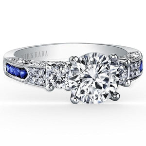 Kirk Kara White Gold "Charlotte" Three Stone Blue Sapphire Diamond Engagement Ring Front View 