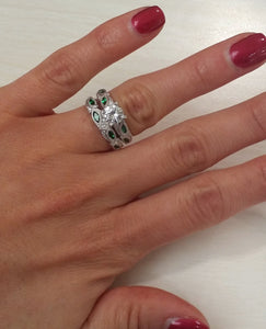 Kirk Kara White Gold "Dahlia" Green Tsavorite Garnet Leaf Diamond Engagement Ring Set On Model Hand