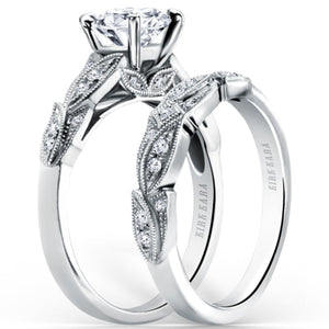 Kirk Kara White Gold "Dahlia" Leaf Diamond Engagement Ring Set Angled Side View