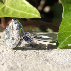 Kirk Kara "Dahlia" Leaf Pear Cut Blue Sapphire & Diamond Engagement Ring