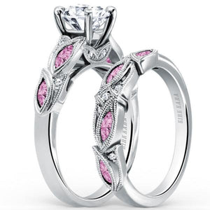 Kirk Kara White Gold "Dahlia" Marquise Cut Pink Sapphire Diamond Engagement Ring Set Angled Side View