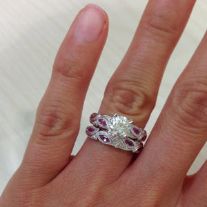 Kirk Kara White Gold "Dahlia" Marquise Cut Pink Sapphire Diamond Engagement Ring Set On Model Hand