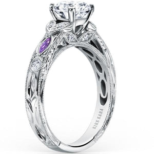 Kirk Kara White Gold "Dahlia" Marquise-Cut Vintage Amethyst Diamond Engagement Ring Angled Side View