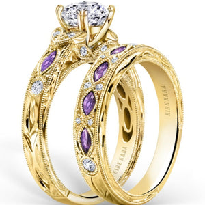 Kirk Kara Yellow Gold "Dahlia" Marquise-Cut Vintage Amethyst Diamond Engagement Ring Set Angled Side View