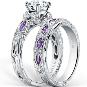 Kirk Kara White Gold "Dahlia" Marquise-Cut Vintage Amethyst Diamond Engagement Ring Set Angled Side View