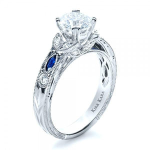 Kirk Kara White Gold  Dahlia Marquise Shaped Blue Sapphire Diamond Engagement Ring Angled  Side View
