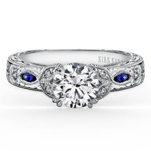 Load image into Gallery viewer, Kirk Kara White Gold Dahlia Marquise Shaped Blue Sapphire Diamond Engagement Ring  Front View 
