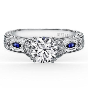 Kirk Kara White Gold Dahlia Marquise Shaped Blue Sapphire Diamond Engagement Ring  Front View 