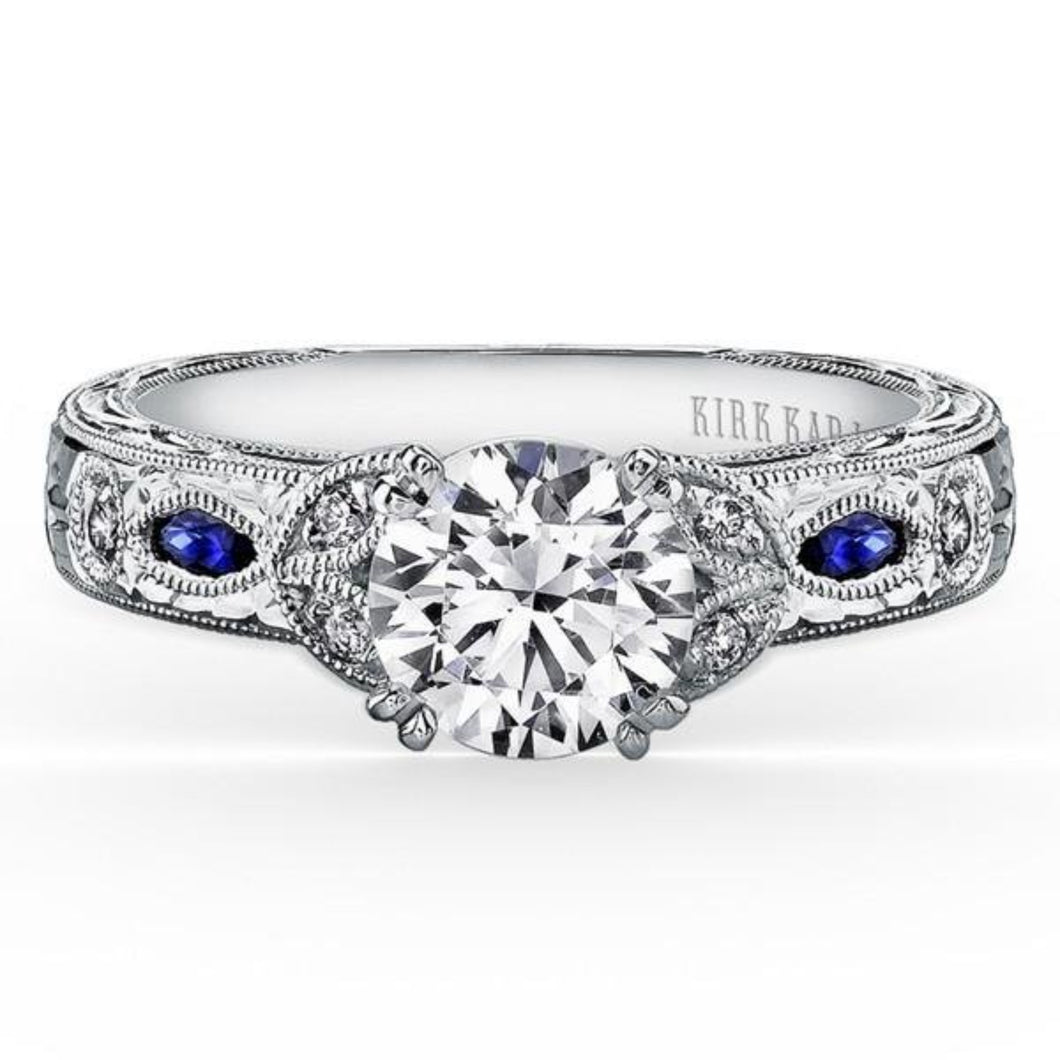 Kirk Kara White Gold Dahlia Marquise Shaped Blue Sapphire Diamond Engagement Ring  Front View 