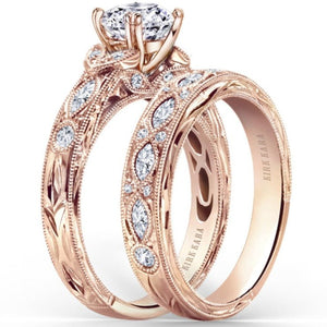 Kirk Kara  Rose Gold "Dahlia" Marquise Side Stone Diamond Engagement Ring Set Angled Side View