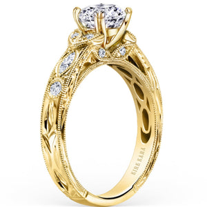 Kirk Kara Yellow Gold "Dahlia" Marquise Side Stone Diamond Engagement Ring Angled Side View