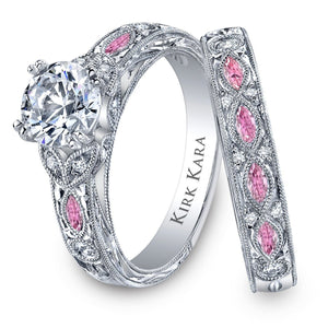 Kirk Kara White Gold "Dahlia" Pink Sapphire Marquise Cut Diamond Engagement Ring Set Angled Side View