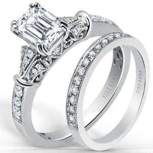 Kirk Kara White Gold "Lori" Emerald Cut Diamond Engagement Ring Set Angled Side View