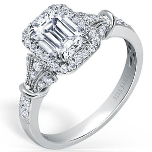 Kirk Kara White Gold "Lori" Emerald Cut Halo Diamond Engagement Ring Angled Side View