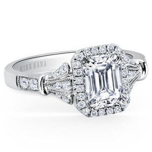 Kirk Kara White Gold "Lori" Emerald Cut Halo Diamond Engagement Ring Angled Front View