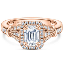Load image into Gallery viewer, Kirk Kara Rose Gold &quot;Lori&quot; Emerald Cut Halo Diamond Engagement Ring Front View

