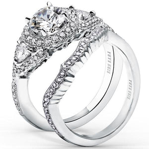 Kirk Kara White Gold "Pirouetta" Three Stone Halo Diamond Engagement Ring Set Angled Side View