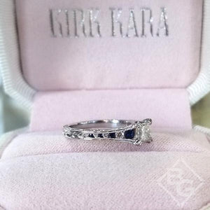 Kirk Kara White Gold "Stella" Blue Sapphire Small Center Princess Cut Engagement Ring Side View in Box