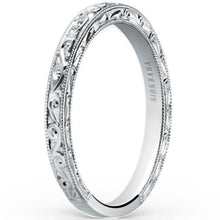 Load image into Gallery viewer, Kirk Kara White Gold &quot;Stella&quot; Scroll Engraved Milgrain Wedding Band Angled Side View
