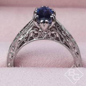 Kirk Kara Stella Marquise Cut Blue Sapphire Engraved Engagement Ring