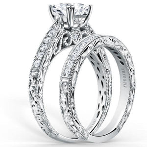 Kirk Kara White Gold Stella Princess Cut Diamond Engagement Ring Set Angled Side View 