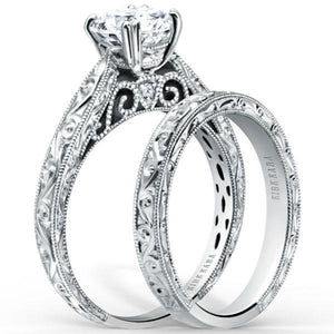 Kirk Kara White Gold Stella Round Cut Diamond Engraved Engagement Ring Set