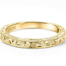 Load image into Gallery viewer, Kirk Kara Yellow Gold &quot;Stella&quot; Scroll Engraved Milgrain Wedding Band Front View
