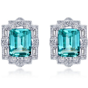 Lafonn Lab-Grown Emerald Cut Teal Sapphire Halo Stud Earrings