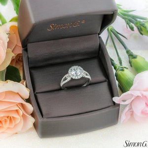 Simon G. 18Kt White Gold Split Shank Diamond Halo Engagement Ring