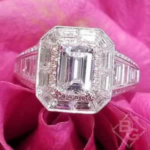Simon G. Emerald Cut Two-Tone Halo Baguette Diamond Engagement Ring