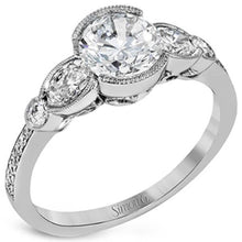 Load image into Gallery viewer, Simon G. Milgrain &quot;Vintage Style&quot; Three Stone Diamond Engagement Ring
