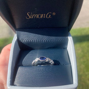 Simon G. Oval Cut Bezel Set Blue Sapphire and Diamond Ring