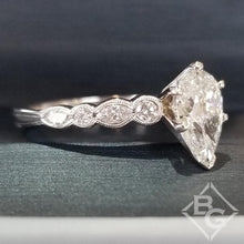 Load image into Gallery viewer, Simon G. &quot;Vintage Style&quot; Pear Cut Center Bezel Set Side Diamond Engagement Ring
