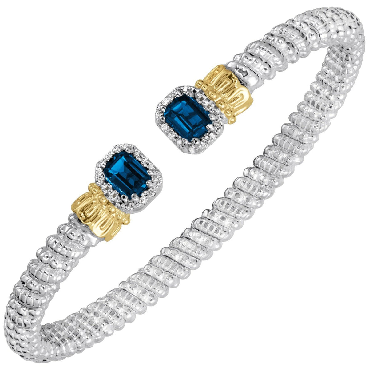 Vahan 23968DLBT04 sterling silver and 14K yellow gold cuff bracelet with emerald cut London blue topaz and diamond halos