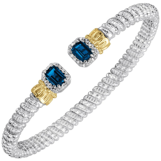 Vahan 23968DLBT04 sterling silver and 14K yellow gold cuff bracelet with emerald cut London blue topaz and diamond halos