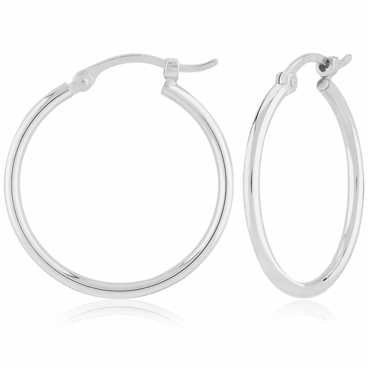 Ben Garelick 14K white gold high-polish 1.75mm tube hoop earrings, about 1 inch, with hinged snap-down closure