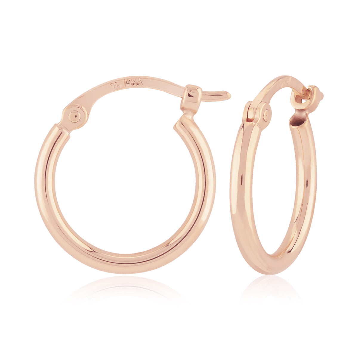 Ben Garelick 14K rose gold small high-polish hoop earrings with hinged snap-down closures, front and side view