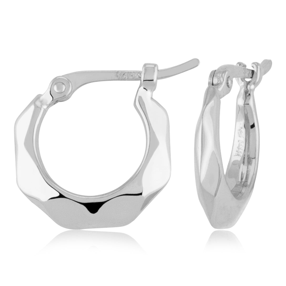 Ben Garelick 14K white gold small diamond cut hoop earrings with faceted band and hinged snap-down closure