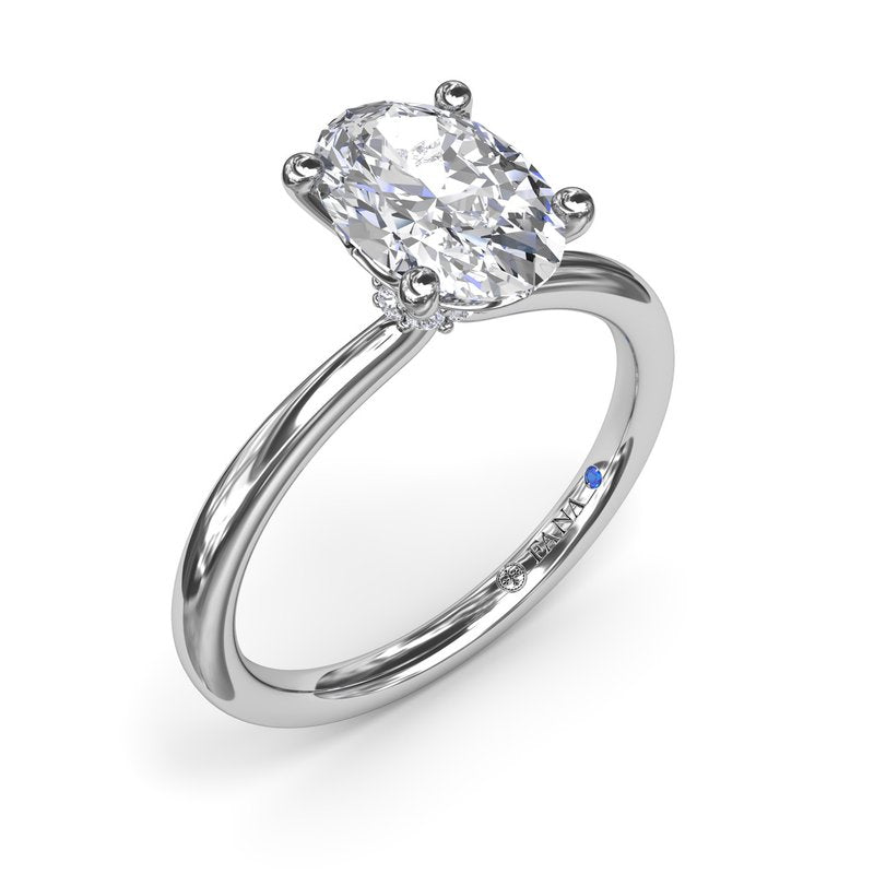 Fana 14K White Gold Oval Cut Four Prong Diamond Collar Solitaire Engagement Ring Featuring 0.06 Carats Round Cut Diamonds Set in the Diamond Collar.